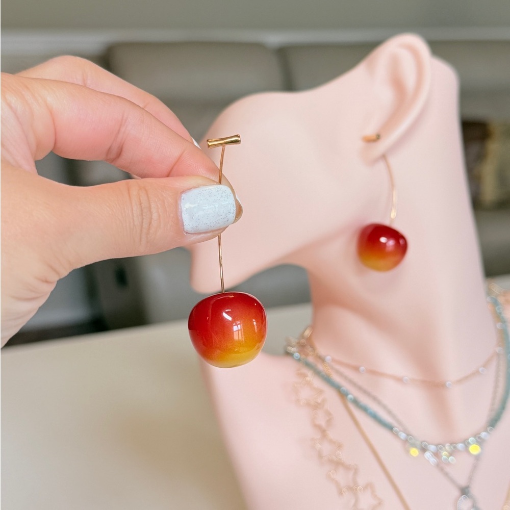 Red-Orange Gradient Cherry Drop Earrings - Picture 4 of 10